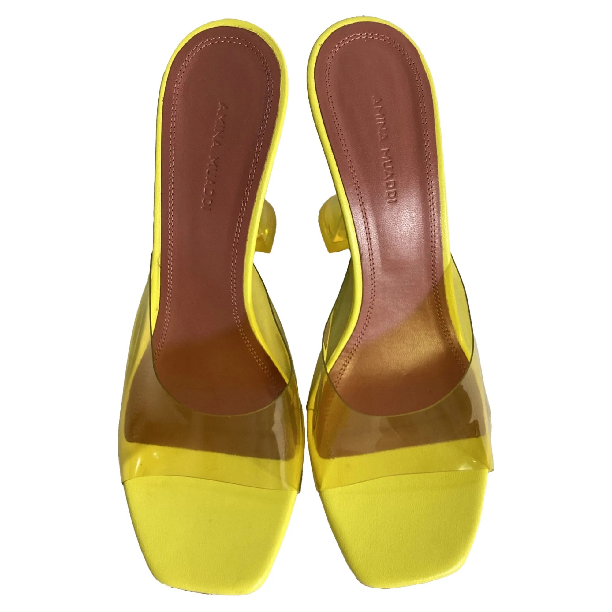 Amina Muaddi Lupita Glass Mules in Yellow PVC and Leather