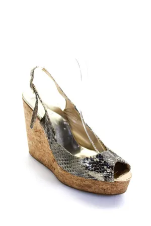 Jimmy Choo Womens Snakeskin Print Cork Platform Wedge Slingbacks Gray Shoes_Jimmy-Choo