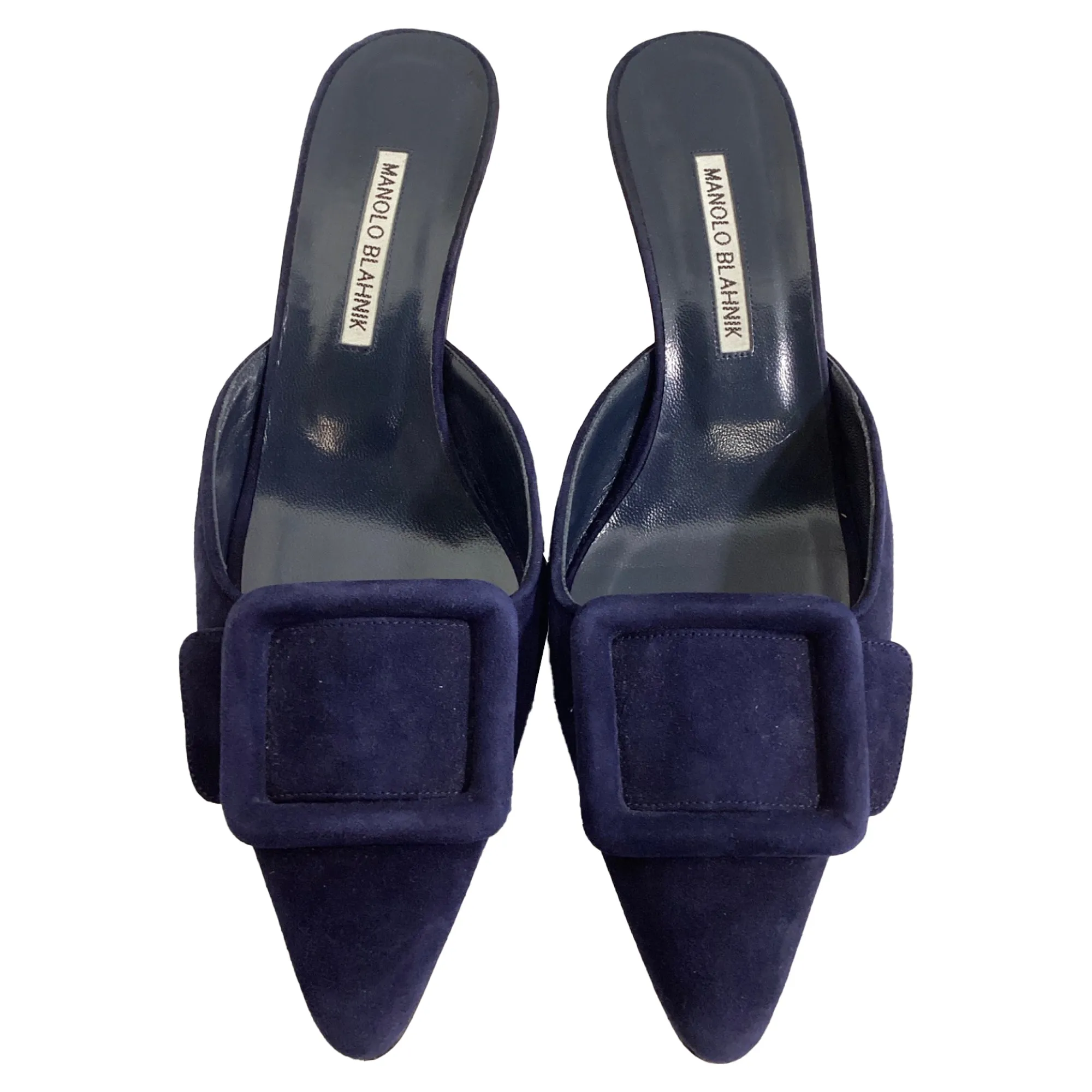 Manolo Blahnik Kitten Heel Mules in Navy Blue Suede Shoes_Manolo-Blahnik