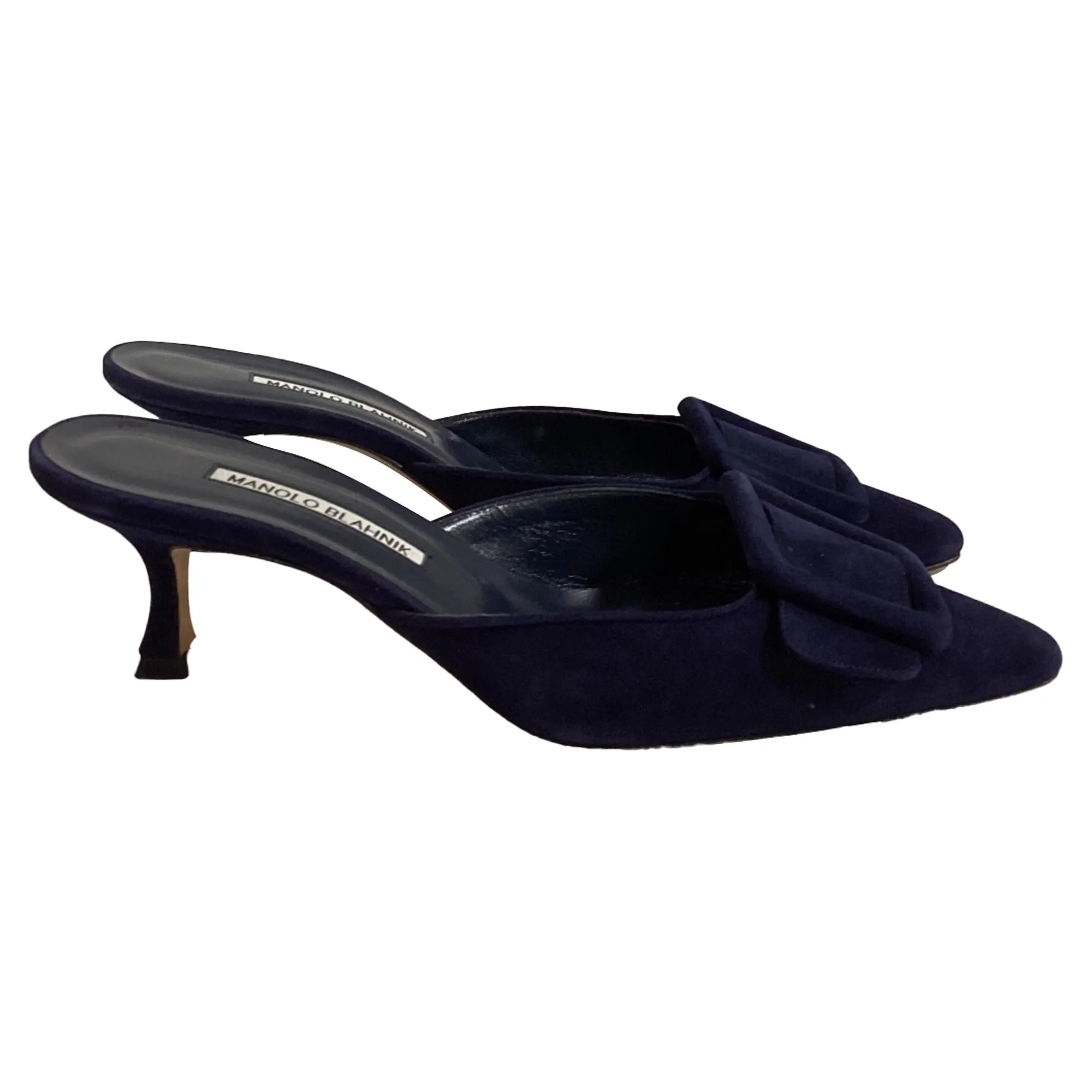 Manolo Blahnik Kitten Heel Mules in Navy Blue Suede Shoes_Manolo-Blahnik