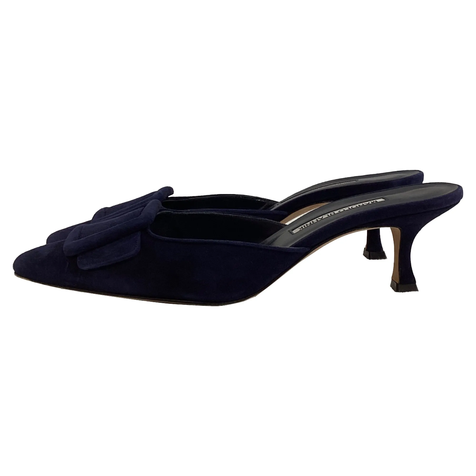 Manolo Blahnik Kitten Heel Mules in Navy Blue Suede Shoes_Manolo-Blahnik