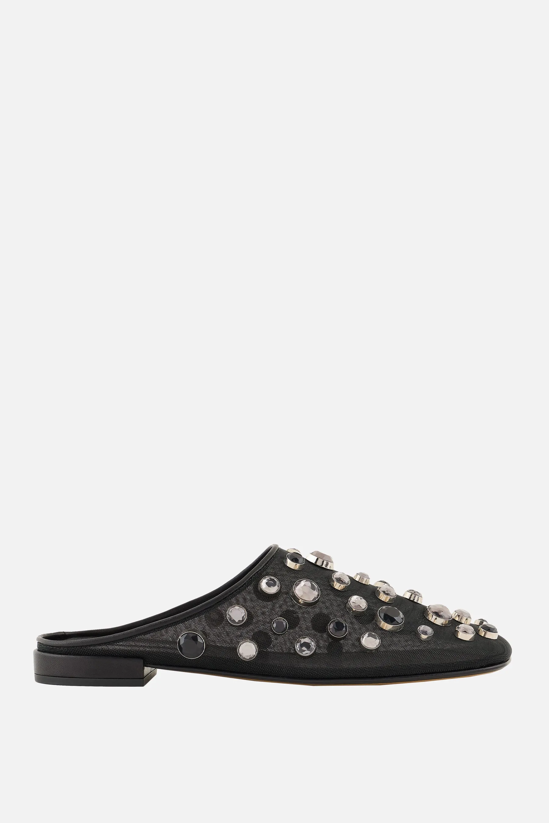 mesh flat mules with rhinestones