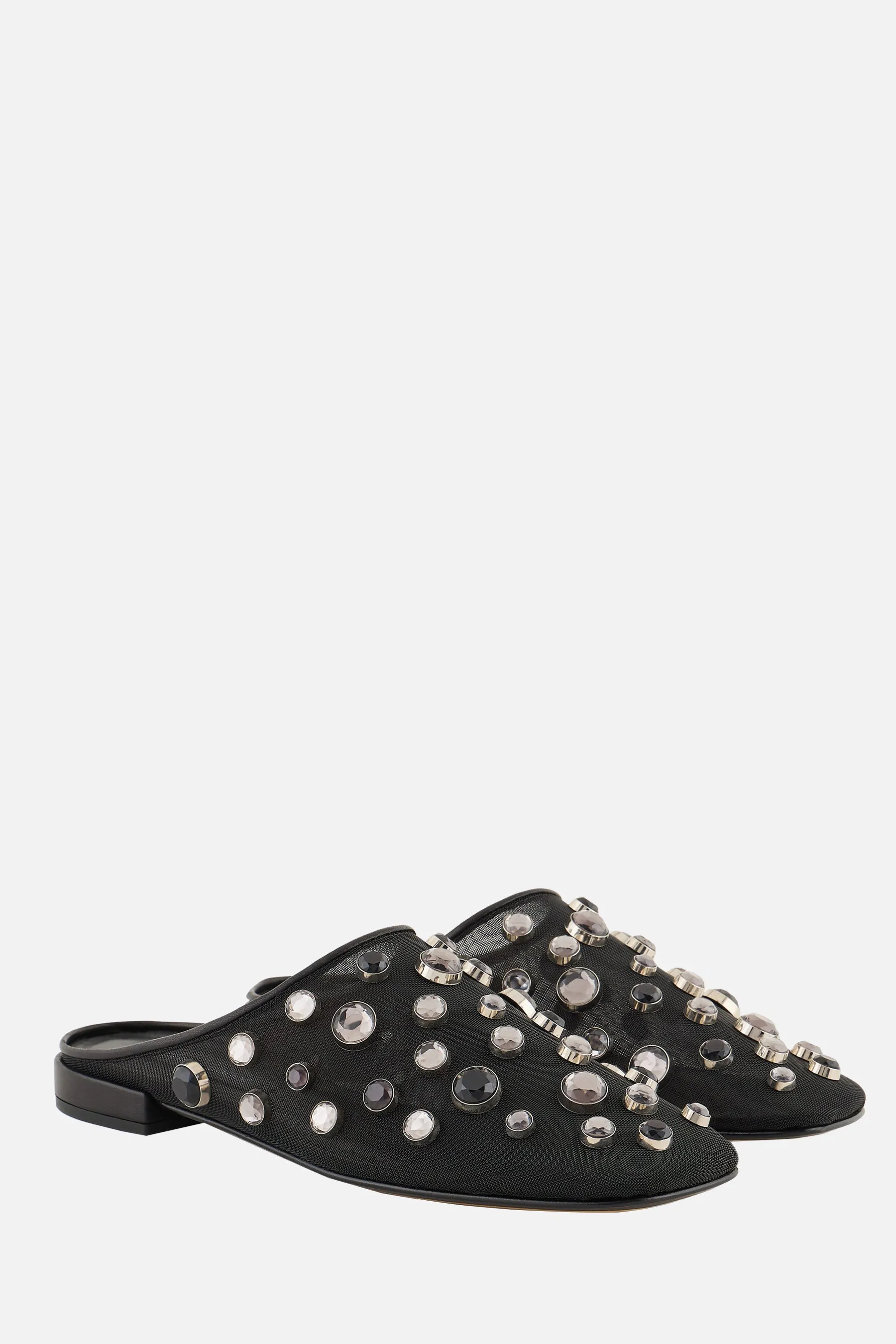 mesh flat mules with rhinestones