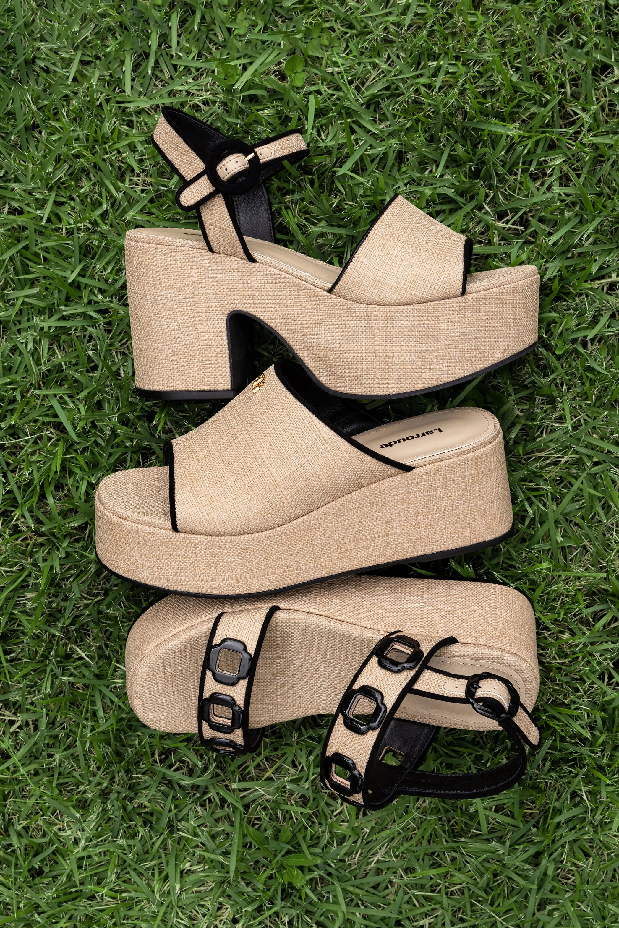 Milan Flatform In Beige Raffia and Black Trimming
